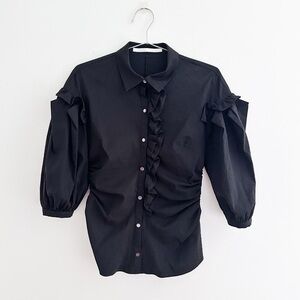 Audra Atelier Black Button Down Ruffle & Ruched Long Sleeve Top